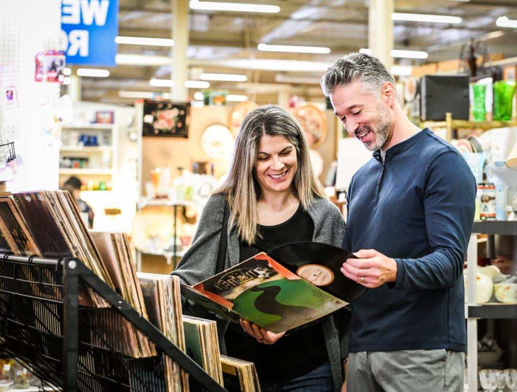 couple looking at vintage records